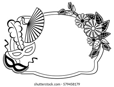 Black and white silhouette frame with carnival masks and abstract flowers. Copy space. Vector clip art.