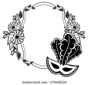 Black and white silhouette frame with carnival masks and abstract flowers. Copy space. Vector clip art.