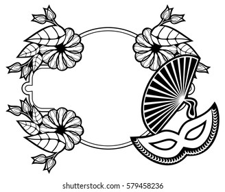 Black and white silhouette frame with carnival masks and abstract flowers. Copy space. Vector clip art.