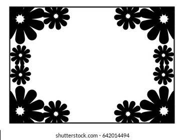 Black and white silhouette frame with decorative flowers. Vector clip art