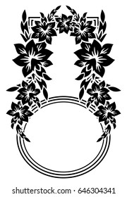 Black and white silhouette frame with decorative flowers. Vector clip art