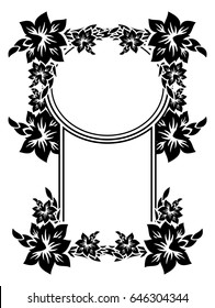 Black and white silhouette frame with decorative flowers. Vector clip art