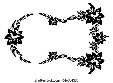 Black and white silhouette frame with decorative flowers. Vector clip art