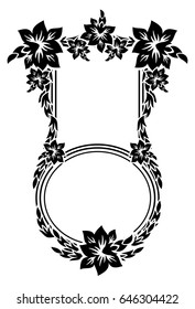 Black and white silhouette frame with decorative flowers. Vector clip art