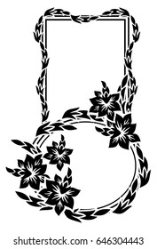 Black and white silhouette frame with decorative flowers. Vector clip art