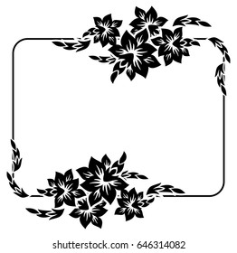 Black and white silhouette frame with decorative flowers. Vector clip art