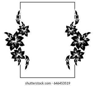 Black and white silhouette frame with decorative flowers. Vector clip art