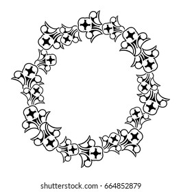 Black and white silhouette frame with decorative flowers. Vector clip art.
