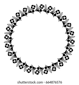 Black and white silhouette frame with decorative flowers. Vector clip art.