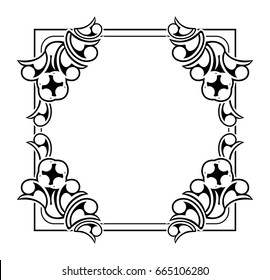 Black and white silhouette frame with decorative flowers. Vector clip art.