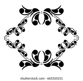 Black and white silhouette frame with decorative flowers. Vector clip art.