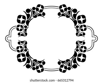 Black and white silhouette frame with decorative flowers. Vector clip art.