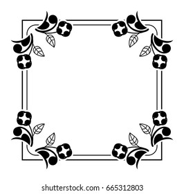 Black and white silhouette frame with decorative flowers. Vector clip art.