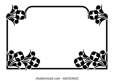 Black and white silhouette frame with decorative flowers. Vector clip art.