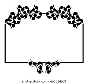 Black and white silhouette frame with decorative flowers. Vector clip art.