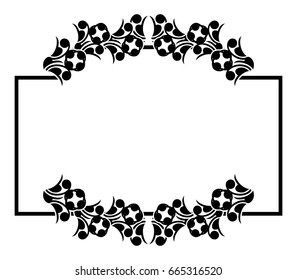 Black and white silhouette frame with decorative flowers. Vector clip art.
