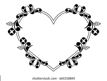 Black and white silhouette frame with decorative flowers. Vector clip art.