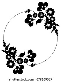 Black and white silhouette frame with decorative flowers. Vector clip art.