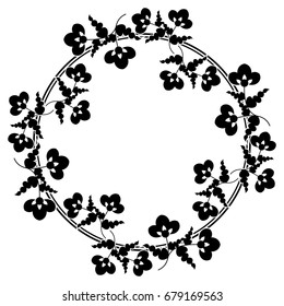 Black and white silhouette frame with decorative flowers. Vector clip art.