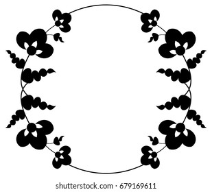 Black and white silhouette frame with decorative flowers. Vector clip art.