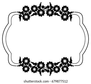 Black and white silhouette frame with decorative flowers. Vector clip art.