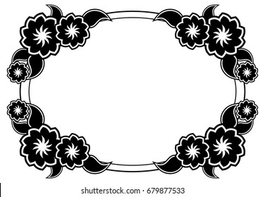Black and white silhouette frame with decorative flowers. Vector clip art.