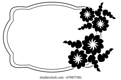 Black and white silhouette frame with decorative flowers. Vector clip art.