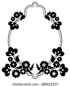 Black and white silhouette frame with decorative flowers. Vector clip art.