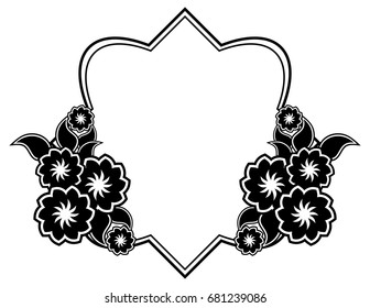 Black and white silhouette frame with decorative flowers. Vector clip art.