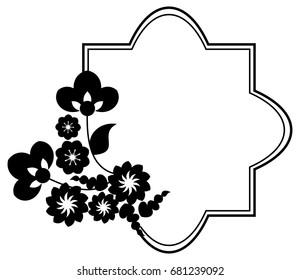 Black and white silhouette frame with decorative flowers. Vector clip art.