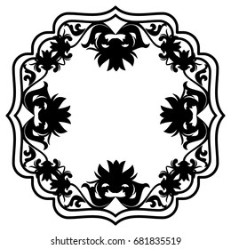Black and white silhouette frame with decorative flowers. Vector clip art.