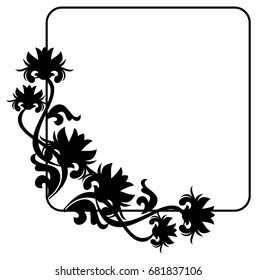 Black and white silhouette frame with decorative flowers. Vector clip art.