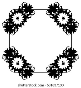 Black and white silhouette frame with decorative flowers. Vector clip art.