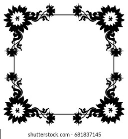 Black and white silhouette frame with decorative flowers. Vector clip art.