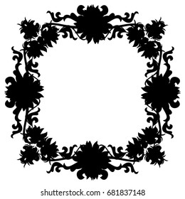 Black and white silhouette frame with decorative flowers. Vector clip art.