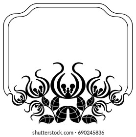 Black and white silhouette frame with decorative flowers. Vector clip art.
