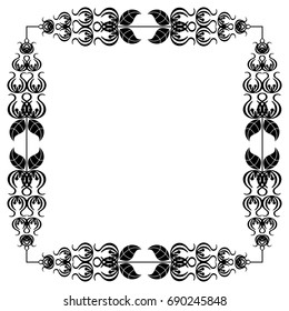 Black and white silhouette frame with decorative flowers. Vector clip art.