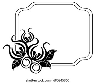 Black and white silhouette frame with decorative flowers. Vector clip art.