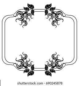 Black and white silhouette frame with decorative flowers. Vector clip art.