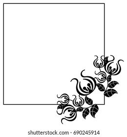Black and white silhouette frame with decorative flowers. Vector clip art.
