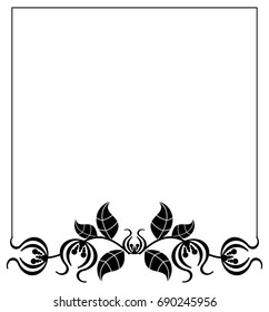 Black and white silhouette frame with decorative flowers. Vector clip art.