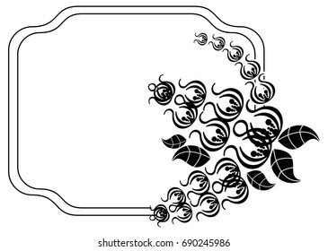 Black and white silhouette frame with decorative flowers. Vector clip art.