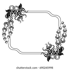 Black and white silhouette frame with decorative flowers. Vector clip art.
