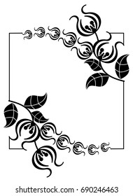 Black and white silhouette frame with decorative flowers. Vector clip art.