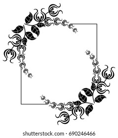 Black and white silhouette frame with decorative flowers. Vector clip art.