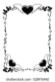 Black and white silhouette frame with roses and flying heart. Valentine day background. Vector clip art.