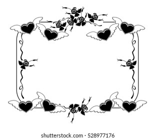 Black and white silhouette frame with roses and flying heart. Valentine day background. Vector clip art.