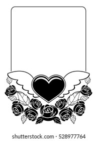 Black and white silhouette frame with roses and flying heart. Valentine day background. Vector clip art.