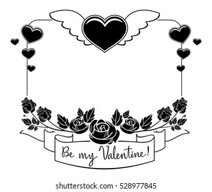 Black and white silhouette frame with roses and flying heart. Valentine day background. Vector clip art.
