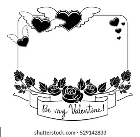 Black and white silhouette frame with roses and flying heart. Valentine day background. Vector clip art.